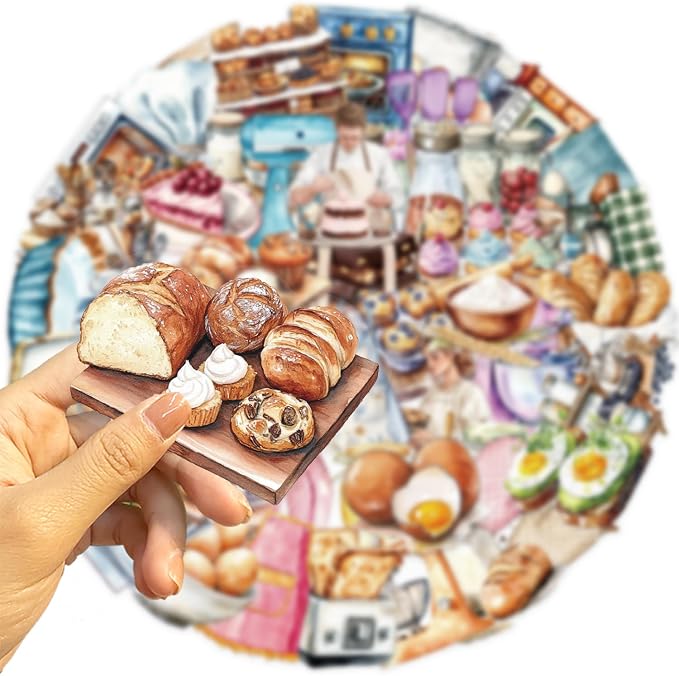 Cute Baking Stickers for Adults,Teens,Kids, 50PCS Realistic Bakery PET Transparent Waterproof Stickers Pack for Water Bottles,Laptop,Scrapbook, Funny Bakery Themed Party Decorations