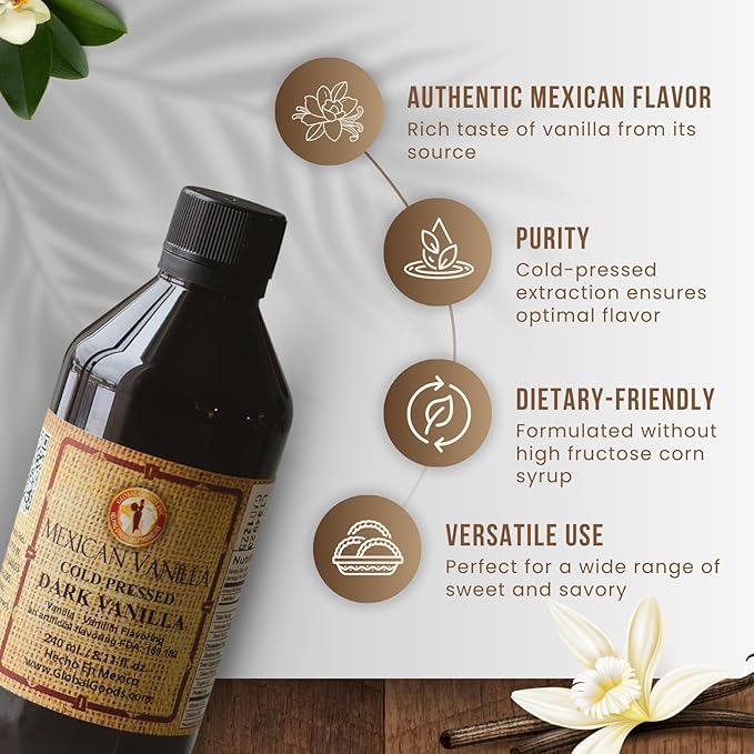 Pure Dark Mexican Vanilla Extract Gluten-Free Vanilla for Baking, Cakes, Cookies, Desserts, Coffee & Beverages (8.12 fl oz) – Natural, No Coumarin, Bold Flavor