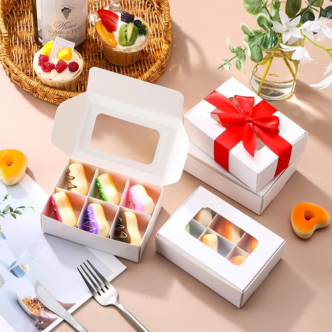 50 Pcs Kraft Treat Boxes with Window and Dividers, Empty Candy Truffle Baking Boxes, Square Cupcake Cookies Containers for Wedding Gift Giving (5 x 3.54 x 1.57 Inches,White)