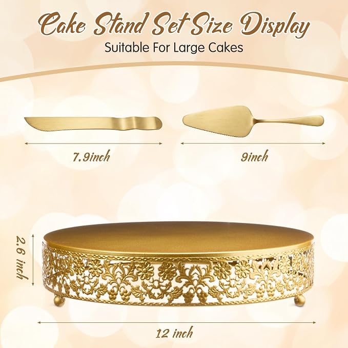 Wenqik 12 Inch Gold Cake Stand Set Metal Round Cupcake Dessert Stand with Cake Cutting, Flower Spatula Wedding Cupcake Pastry Display Candy Holder Display for Wedding Party Birthday Baby Shower