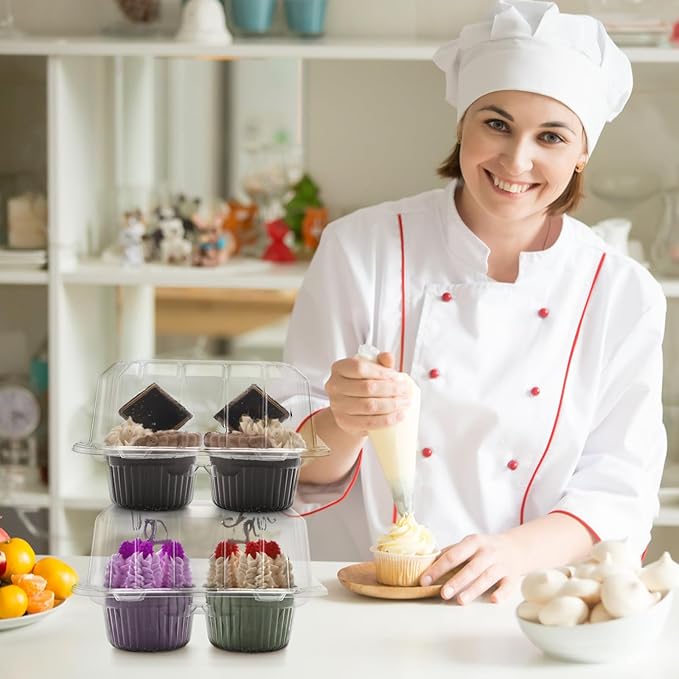 Coloch 50 Pack Clear Cupcake Box, 4 Cavity Plastic Cupcake Holder with Deep Dome Disposable 4-Compartment Dessert Container Bakery Carrying Box for Bakery, Cupcake