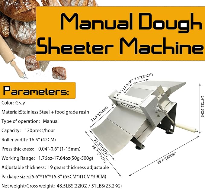 Manual Dough Sheeter Pastry Dough Press Sheeter Machine Stainless Steel Pastry Machine Pasta Maker for Icing, Fondant, Croissants, Pizza and Puff Pastry