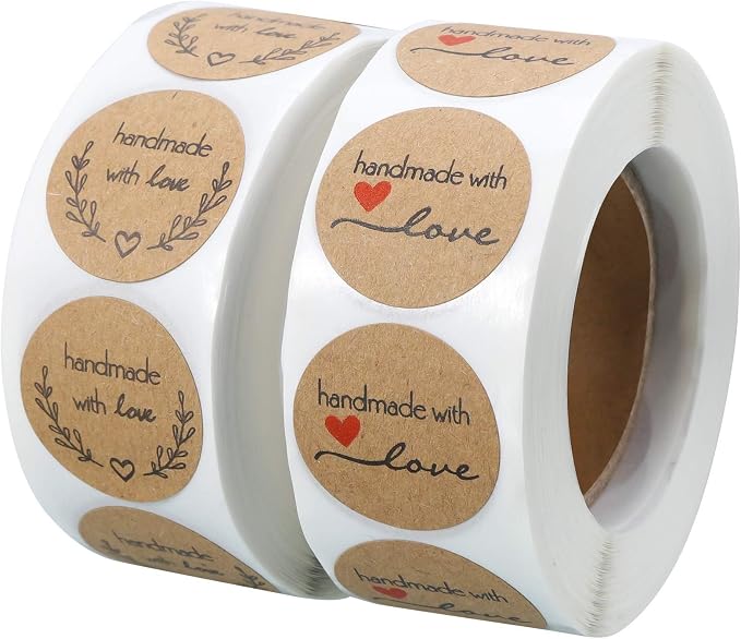 1000PCS Handmade with Love Stickers, Round Baking Kraft Sticker Stickers Self-Adhesive Label Home-Made Sticky Labels for Baking Gift Bags Birthday Christmas