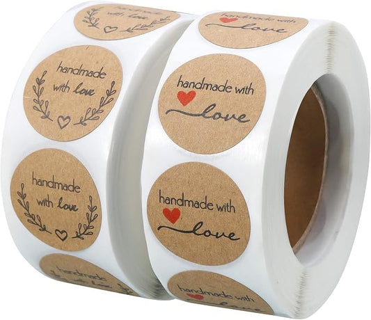 1000PCS Handmade with Love Stickers, Round Baking Kraft Sticker Stickers Self-Adhesive Label Home-Made Sticky Labels for Baking Gift Bags Birthday Christmas