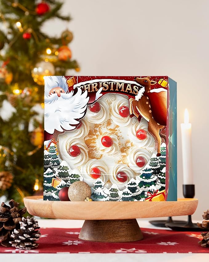 qiqee Christmas 10x10x5 Cake Box, 4 Sets Christmas Cake Box with Window ＆ 4 Sets 10 Inch Christmas Snow House Cake Round Boards, 10 Inch Cake Containers