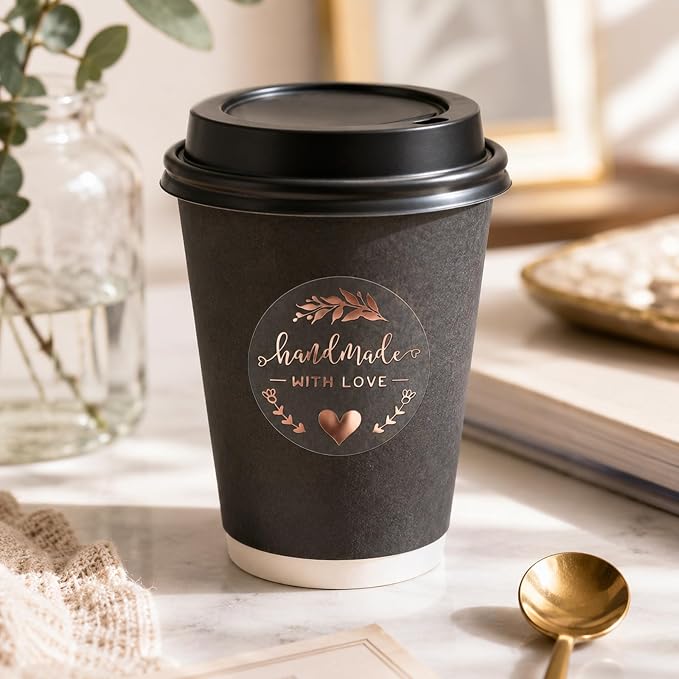100PCS Handmade with Love Stickers, 1.6" Transparent Rose Gold Foil Labels | Made with Love Stickers for Bakery, Cookies, Boutique, Cake Boxes, Bread, Bakery, Candle, , Small Business