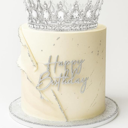 8 Pcs Silver Queen Crown Cake Topper, Happy Birthday Cake Toppers Foam Balls Rhinestone Crystal Tiara Wedding Decoration for Princess Party Photo Props for Women Princess