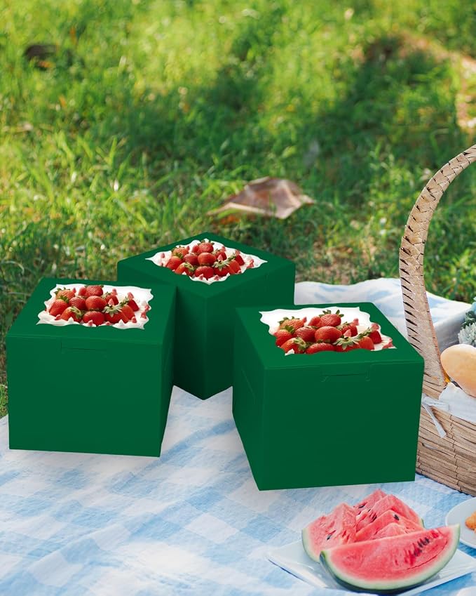 Bakepacker Deep Green 8x8x5 Inches 36pcs Cake Boxes with Window 18-Packs Deep Green 8 Inch Bakery Boxes (18 Cake Boxes +18 Cake Boards Included)