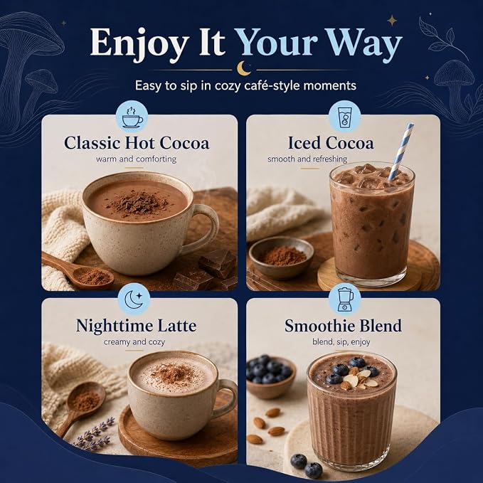 Suiyilary 10 Mushroom Hot Cocoa, 3mg Melatonin Sleep Supplement, Sugar Free Keto Cocoa Powder, Nighttime Drink, 1000mg Glycine, 200mg L-Theanine, Help Fall Asleep and Stay Asleep, 15 Servings