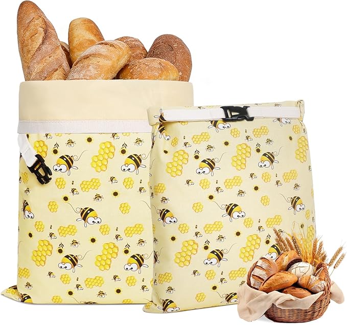 Beeswax Bread Bag for Homemade Bread Sourdough, 2 Pack Reusable Bees Waxed Infused Linen Wrap for Baguette Loaf Bread Freezer, Fresh Food Keeper Storage Container, Homesteading Essentials Yellow-Bee
