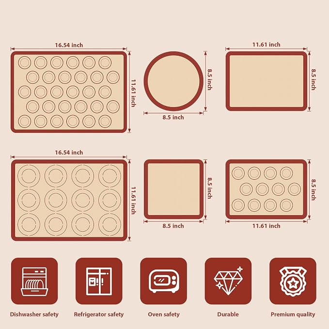 Silicone Baking Mat Set of 6, Macaron Silicone Baking Mat for Baking Sheets, Non-Stick & Reusable Silicone Mats for Baking Macarons, Cookies, Pastries, Pizza