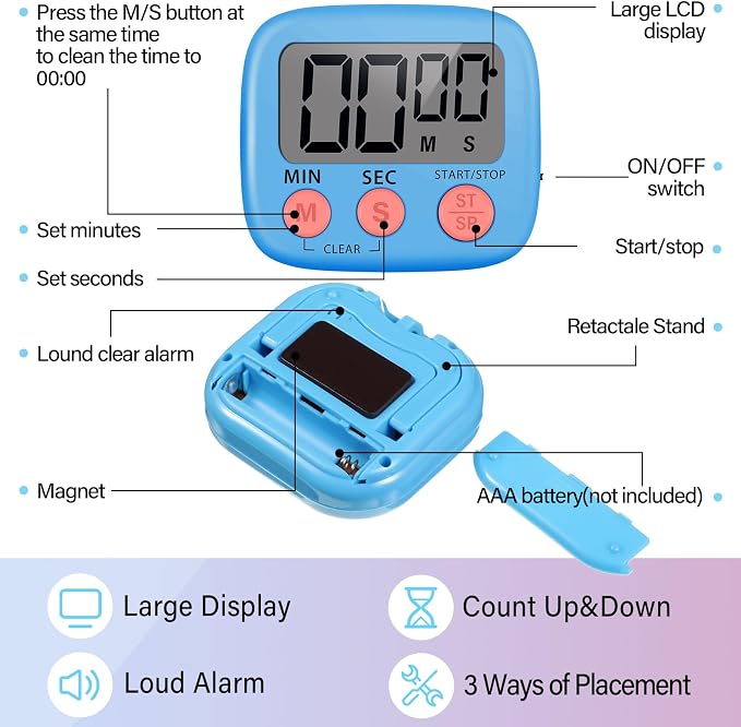 Weewooday 24 Pcs Small Digital Kitchen Timer Magnetic Back and Switch Minute Second Count up Countdown Big LCD Display Loud Alarm for Teacher Cooking Baking (Blue,Green)