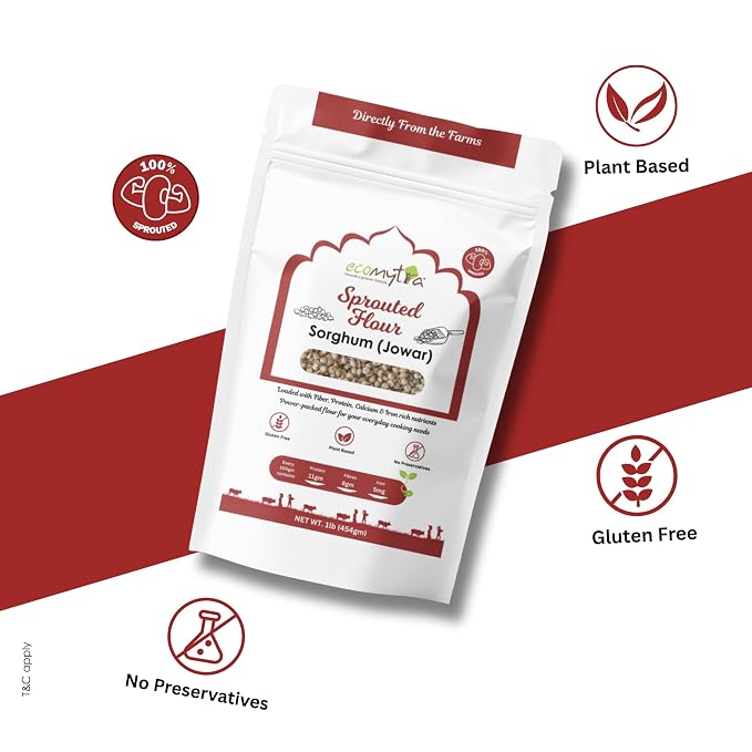 Ecomytra Sprouted Sorghum Flour - Jowar, Gluten Free Ancient Grain 1lb | 100% sprouted jowar (great millet), gluten free ancient grain. High fiber, non-GMO. For roti, baking & porridge