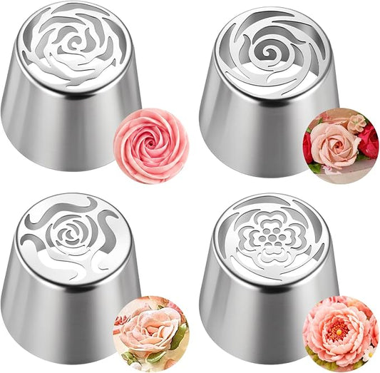 4 PCS Flower Russian Piping Tips, Stainless Steel Extra Large Russian Piping Tip Set 3D Flower Tips for Cake Decorating, Flowers Shaped Frosting Nozzle Kit for Wedding Birthday Cakes Cupcakes Cookies