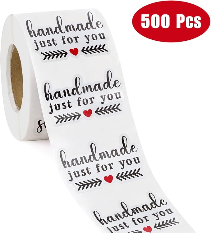 WRAPAHOLIC 1.8 x 1.1 Inch, 500 Total Business Stickers Roll - Handmade with Love Design, Thank You Lables, Shipping Stickers for Party Decorations