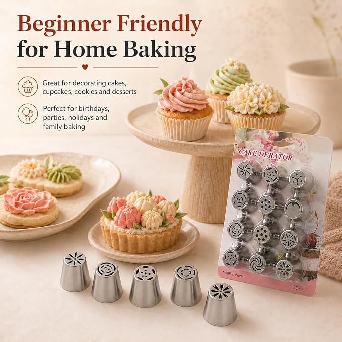 12 PCS Russian Piping Tips, Stainless Steel Flower Piping Tips for Cake Decorating, Flower Icing Tips and Frosting Nozzles for Cupcakes, Cookies, Desserts and DIY Baking Decoration