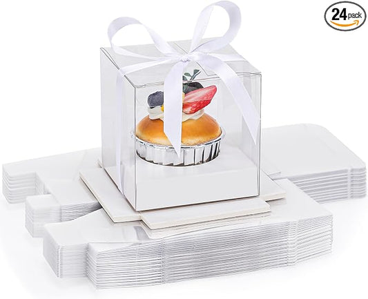 EUSOAR Plastic Cake Containers with Lids, 24pcs 3.5 Inch White Individual Cupcake Wrappers, Single Transparent Display Clear Cupcake Carrier Cupcake Containers for Wedding Birthday Party Favor