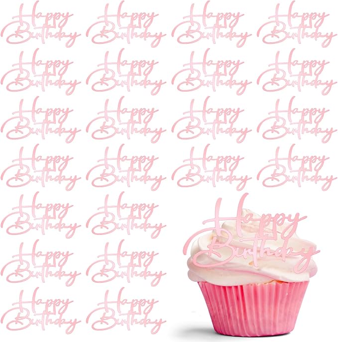Weysat 30 Pcs Pink Mirror Acrylic Cupcake Toppers Happy Birthday Cake Decorations for Birthday Party Cupcake Toppers