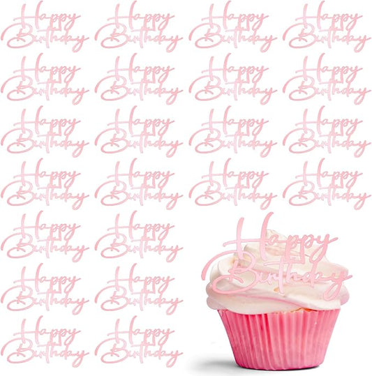 Weysat 30 Pcs Pink Mirror Acrylic Cupcake Toppers Happy Birthday Cake Decorations for Birthday Party Cupcake Toppers