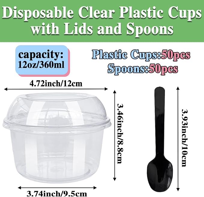 Alaeseje 50 Pack 12 oz Disposable Clear Plastic Cups,PET Dessert Cups with Lids and Spoons,Disposable Snack Bowls for Cupcake,Pudding,Snacks,Yogurt,ParfaitFruits,Mousse