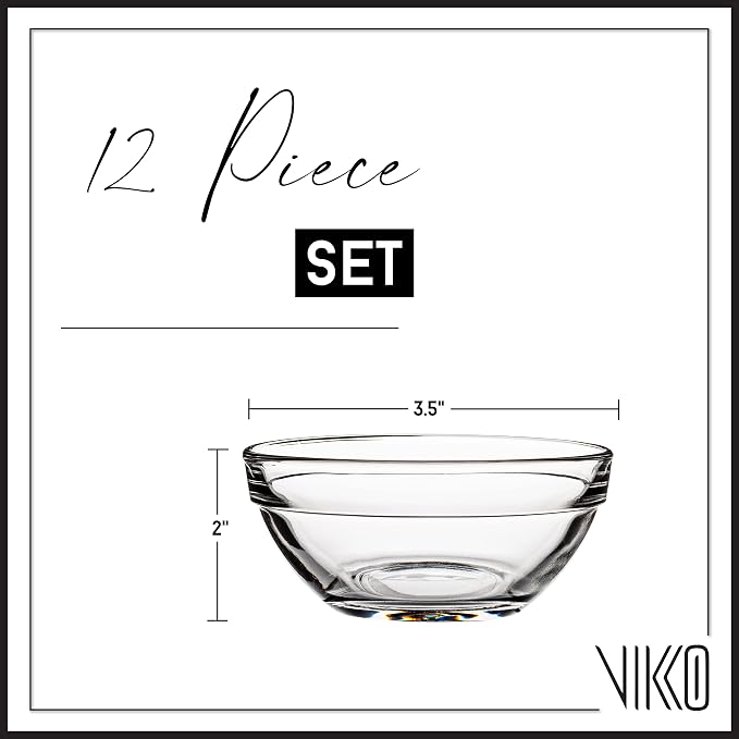 Vikko 3.5" Small Glass Bowls: Clear Glass Bowls - Mise en Place Bowls - Glass Prep Bowls for Cooking - Sauce, Snack, Dessert & Dip Bowls - Glass Cereal Bowls - Pinch Bowl Set of 12