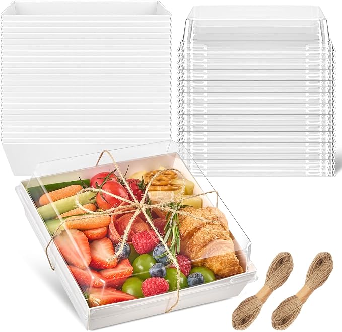 ZORRITA Large Charcuterie Boxes with Clear Lids, 7x7 Inch, 20 Pack, White | Disposable, Square, Kraft Paper, To Go Food Containers, Bakery Boxes, For Charcuterie Desserts Strawberries Cookies