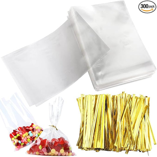 Augshy Cake Pop Bags, 300 Pcs 6x8" Treat Cello Bags with 300 Twist Ties | OPP Plastic Bag for Gifts Wrapping,Individual Resealable for Lollipop Candy Chocolate Dessert Cookie Wrapping Buffet