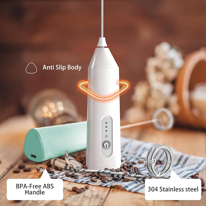 Puraville Rechargeable Electric Milk Frother Handheld, 3 Speeds Electric Whisk Drink Mixer, Type-C Charging BPA Free for Coffee, Latte, Cappuccino, Egg,Cream, Light Green