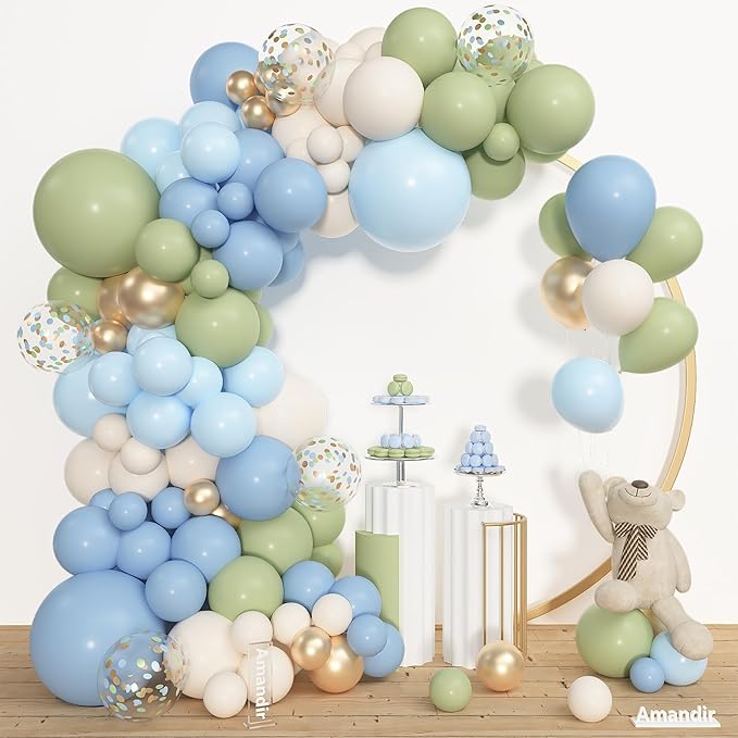Amandir 153pcs Sage Green and Blue Balloon Garland Arch Kit, Different Sizes 18 12 10 5 inch Dusty Blue Sand White Latex Confetti Balloons for Boho Bridal Shower Birthday Party Decorations