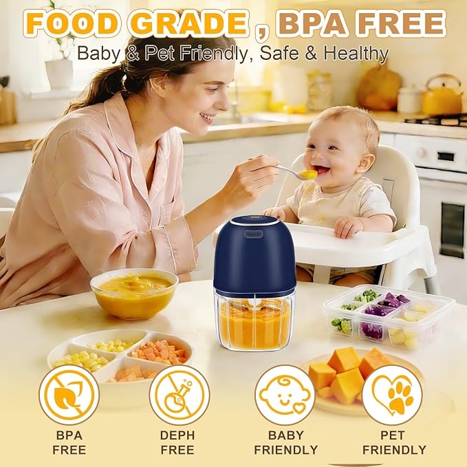 Portable Electric Garlic Chopper, 2 Bowls(1 Cup&1.5 Cup) Cordless Mini Food Processor【Up-Durable Motor】【2 Sets 304 Stainless Steel Blade】Grind for Garlic,Onion,Meat,Baby Food,BPA FREE(BLUE)