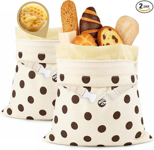 2 Pack Beeswax Bread Bags for Homemade Sourdough,XL Natural Cotton Reusable Beeswax Bread Storage Bag with Zipper,Keep Fresh longer and Freezer-Friendly (17x13") (Brown polka dots)