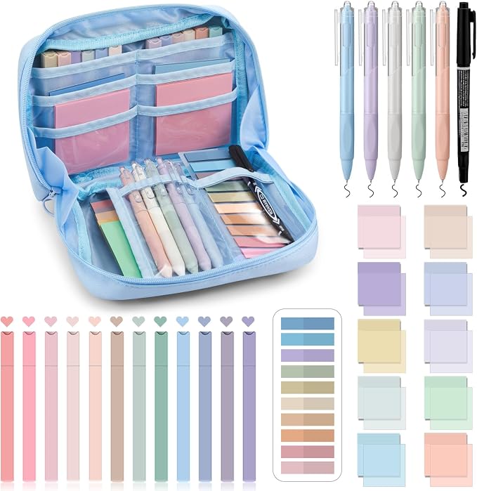 Jutom 39 Pcs Aesthetic Book Annotation Kit Highlighter with Case Bag Gel Pen Transparent Sticky Note Taking Bible Supplies(Blue,Kawaii Style)