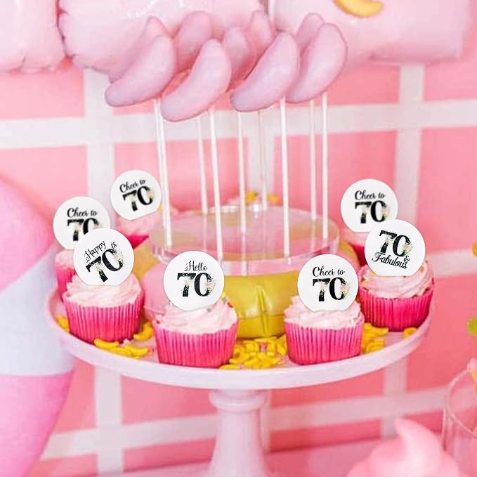 40Pcs Edible Circle Happy 70th Birthday Cupcake Toppers Edible Floral Hello 70 Fabulous Cheers to 70 Cupcake Picks Drink Toppers for Funny Female Floral 70th Birthday Party Decorations