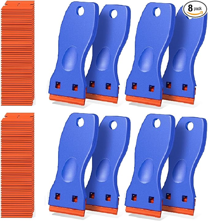 8 PCS Plastic Razor Blade Scraper Tool with 100 PCS Extra Blades, Cleaning Scraper Remover for Stickers Lables Paints Adhesives on Window Glass Car