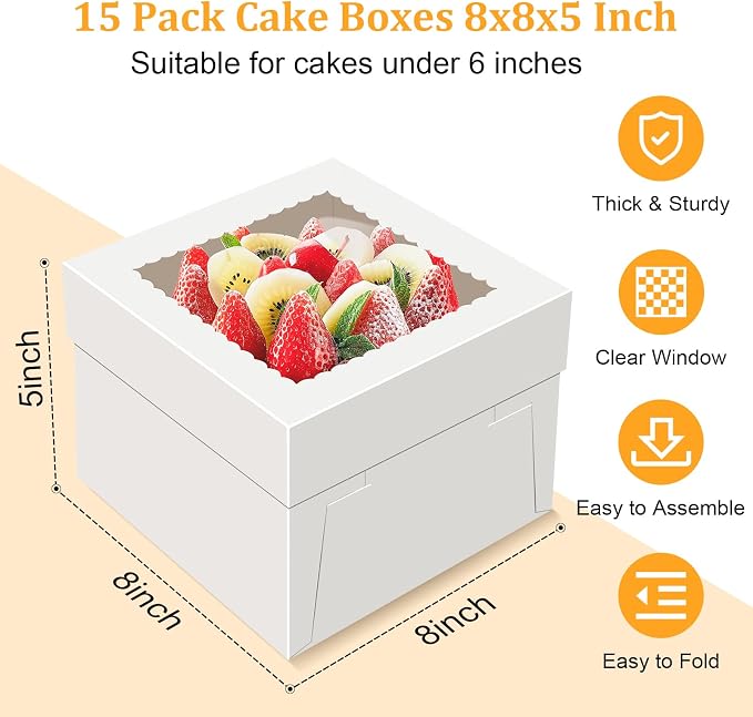 Essenya 15 PCS Cake Boxes 8 Inch, 8x8x5 Inch Cake Box, 8 Inch Cake Box with Window, White Bakery Boxes, Large Baking Boxes, Cajas Para Pasteles, 8x8 Cake Boxes for Birthday, Wedding, Party, Business
