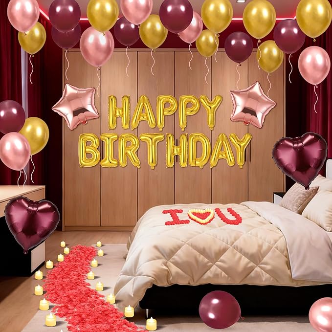 Burgundy Happy Birthday Balloons Decorations Burgundy Rose Gold Birthday Balloon Letters Banner with Star Heart Balloons Artificial Rose Petals 24 Flameless LED Candles for Birthday Party Supplies