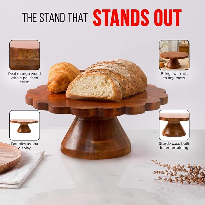 Mela Artisans 12" Mango Wood Cake Stand 5" Tall with Wooden Pedestal – Medium Polish Riser Designed for Birthday Cake and Cookie Display, Cupcake Stand & Decorative Trays