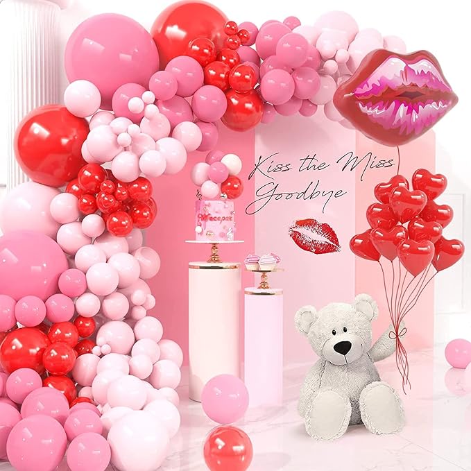Valentines Day Balloon Garland Arch Kit Macaron Pink Retro Pink Red Balloons Heart Lip Balloons for Valentines's Day Bridal Shower Baby Shower Bachelorette Anniversary Party Decoration Supplies