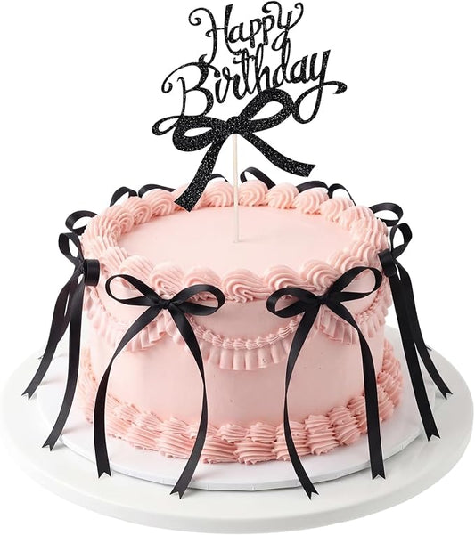 Bow Cake Toppers 18 PCS Black Ribbon Bows for Cake with 1 PCS Happy Birthday Cakes Topper Coquette Themed Bow Birthday Decorations for Wedding, Bridal Shower, Baby Shower, Bachelorette