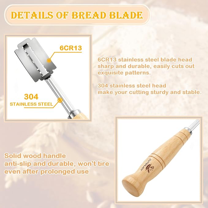 Bread Lame and Flour Duster, 304 Stainless Steel Bread Baking Supplies with Razor Blades & Leather Cover, Professional Bread Scoring Knife, Flour Duster for Baking