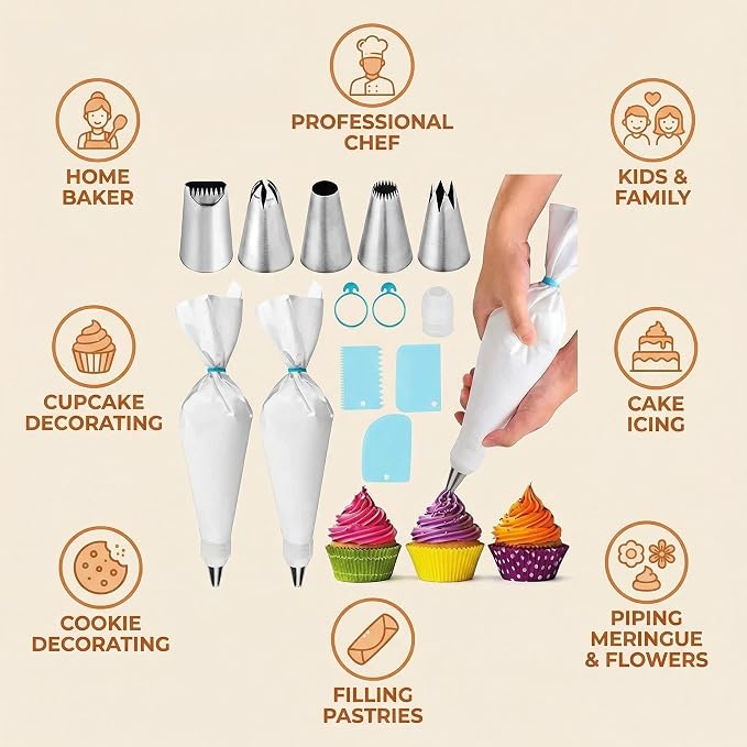 Baking & Pastry Tool Kit, 14 Nozzles & 6 Blue Scrapers, Reusable Bags & Ties, Versatile Kitchen Accessories for Decorating & Dough Shaping (14)