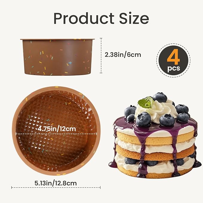 4.75 Inch Round Cake Pan, 4 Pcs Silicone Cake Pans for Baking, Nonstick Baking Mold BPA Free Dishwasher Safe, Great for Layer Cake, Cheese Cake, Chocolate Cake