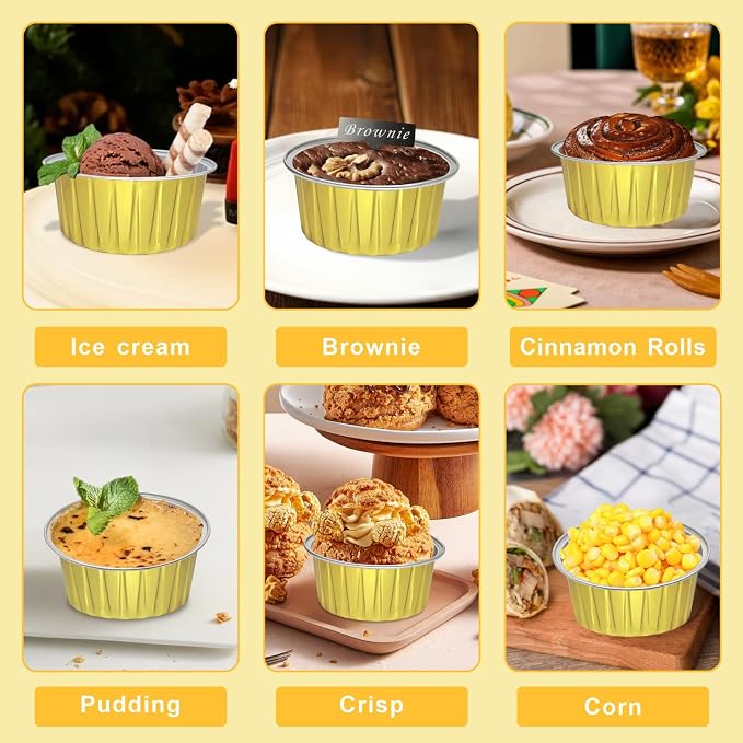 100 Pack 5oz Cupcake Pans with Dome Lids, Disposable Ramekin Cupcake Liners,Reusable Mini Muffin Case Dessert Containers for Birthday Wedding Party (Gold)