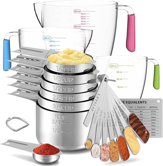 Stainless Steel Measuring Cups and Spoons Set, 6 Stainless Steel Measuring Cups, 7 Measuring Spoons & 1 Leveler, 3 Plastic Measuring Cup with 1 Measuring Conversion Chart