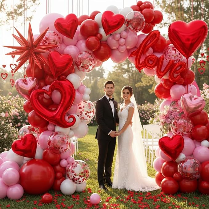 171pcs Valentines Day Balloons Garland Arch Kit, Pink White Red Confetti Heart Balloons Love & Star Foil Balloons Rose Petals for Birthday Wedding Anniversary Galentine's Day Party Decorations
