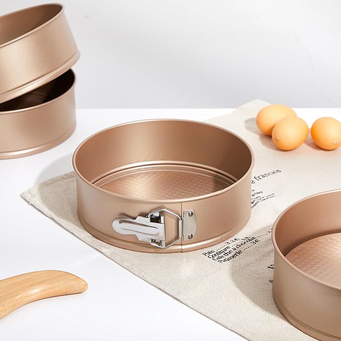 Funnymoom 4 Pcs 8 Inch Non Stick Springform Pan with Removable Bottom Carbon Steel Round Springform Cheesecake Pan with Stainless Steel Spring Buckles for Baking Kitchens Restaurant(Champagne Gold)