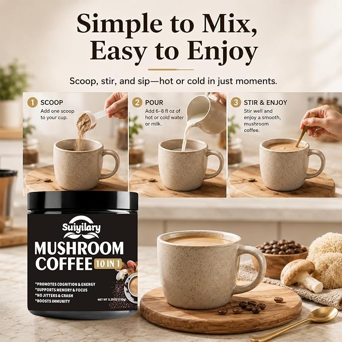Suiyilary Mushroom Coffee, 10 Mushroom Extract Powder Blend Lion's Mane, Reishi, Chaga, Cordyceps, Turkey Tail, Brain Supplements with Instant Coffee for Energy, Focus, Memory and Immunity 150g