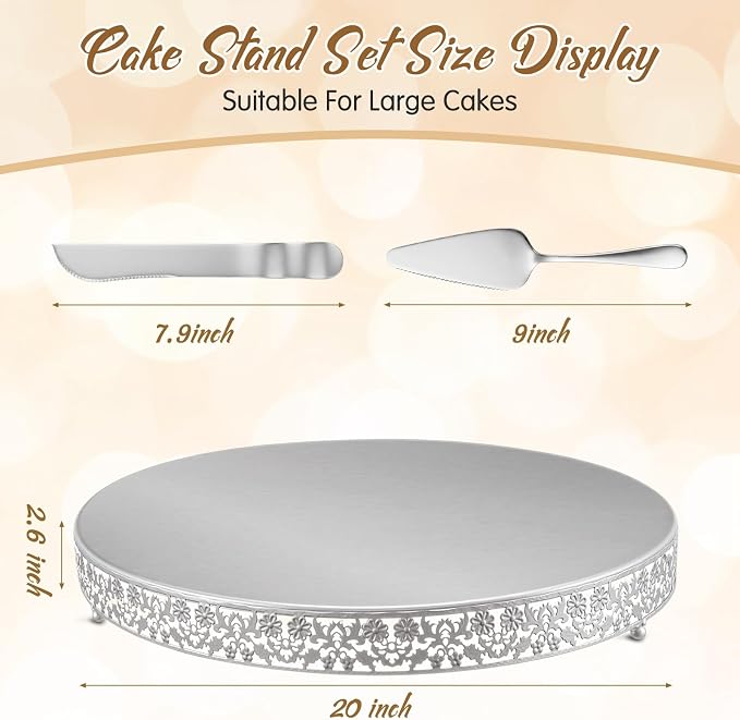 Wenqik 20 Inch Silver Cake Stand Set Metal Round Cupcake Dessert Stand with Cake Cutting, Flower Spatula Wedding Cupcake Pastry Display Candy Holder Display for Wedding Party Birthday Baby Shower
