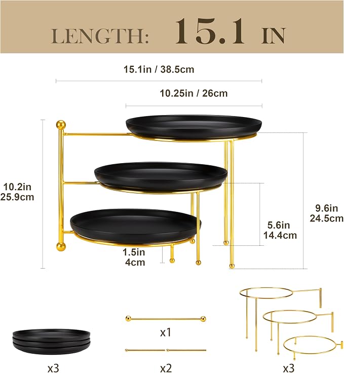 MALACASA Black 3 Tier Serving Tray Stand with Gold Rack, 10 Inch Porcelain Tiered Dessert Stand, Cupcake Fruit Display Tower, Serving Platters for Party, Appetizer Tray, Dessert Table Display