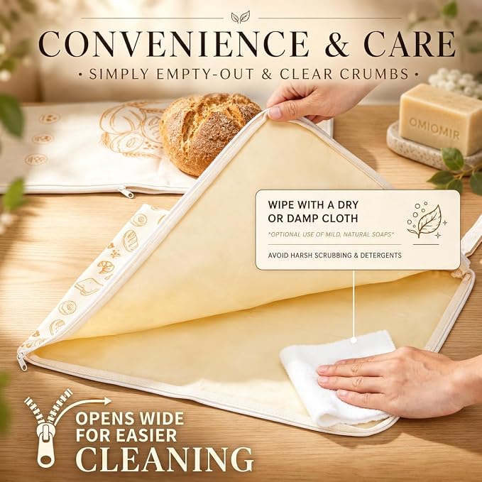 2-Pack XL Beeswax Bread Bags, 13"×17" Large Capacity, Natural Bees Wax & Cotton Re-usable Storage for Fresh Food, Home Baking & Sourdough Loaves, Easy-Access Wide Zipper Seal, Breathable Moisture Lock